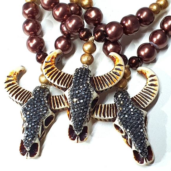 Boho Rhinestone Cow Skull Gold Wood Beads Necklace - Picture 2 of 8